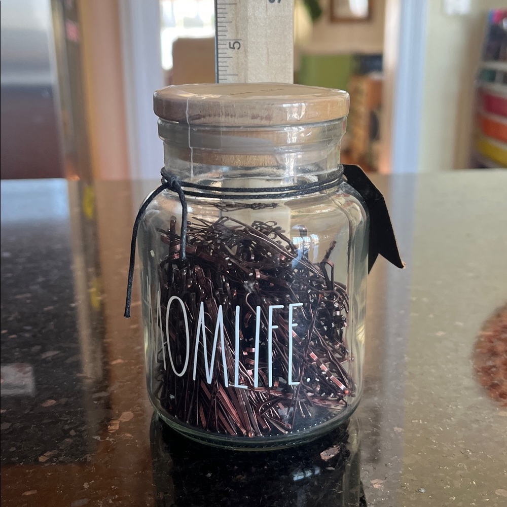 Rae Dunn #Momlife Glass Jar with 300 Bobby Pins - Picture 6 of 7